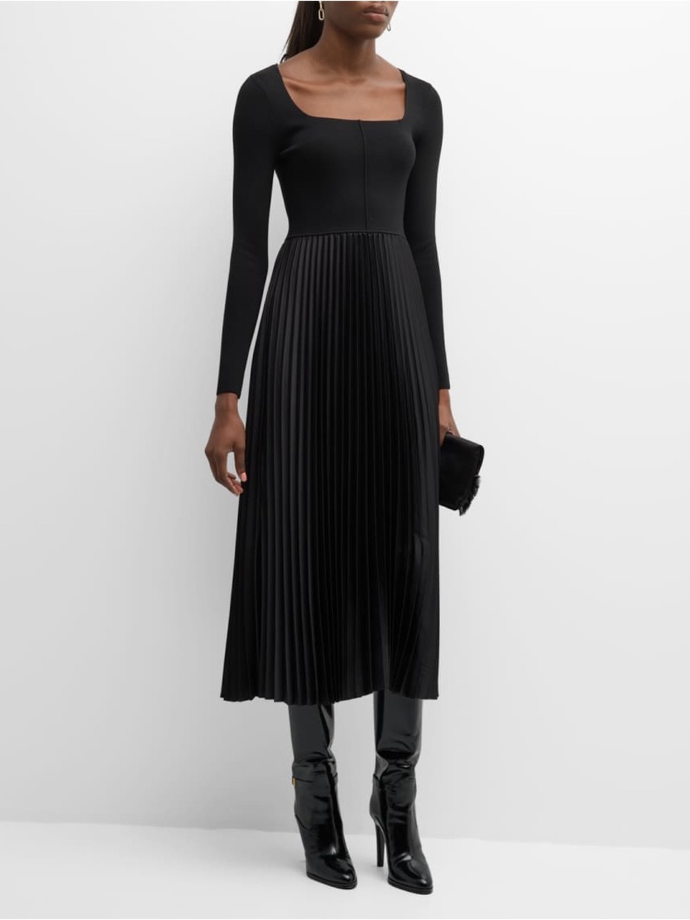 Elie Tahari Tara Black Long-Sleeve Pleated Midi Dress with Square Neck